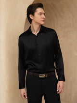 [Noir] SilkSilky-FR 19Momme Manches longues Col à Revers Homme Chemise 004