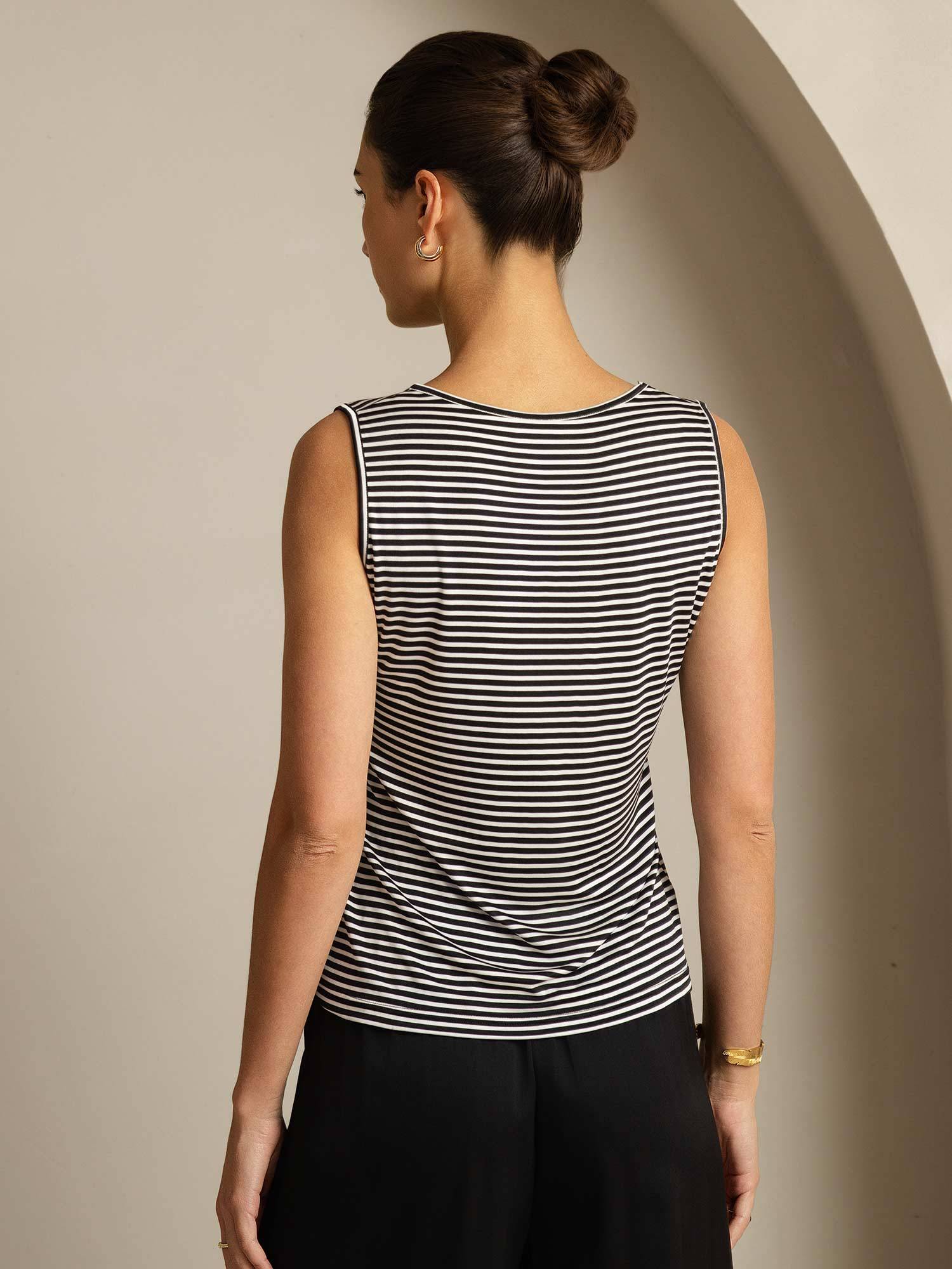 [Rayure Blanche] SilkSilky-FR Soie Sans manches Col Rond Top À Fines Brides 002