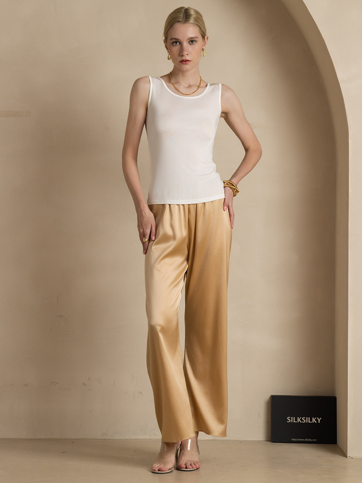 [Blanc] SilkSilky-FR Soie Tricotée Col Rond Femme T-Shirt 007