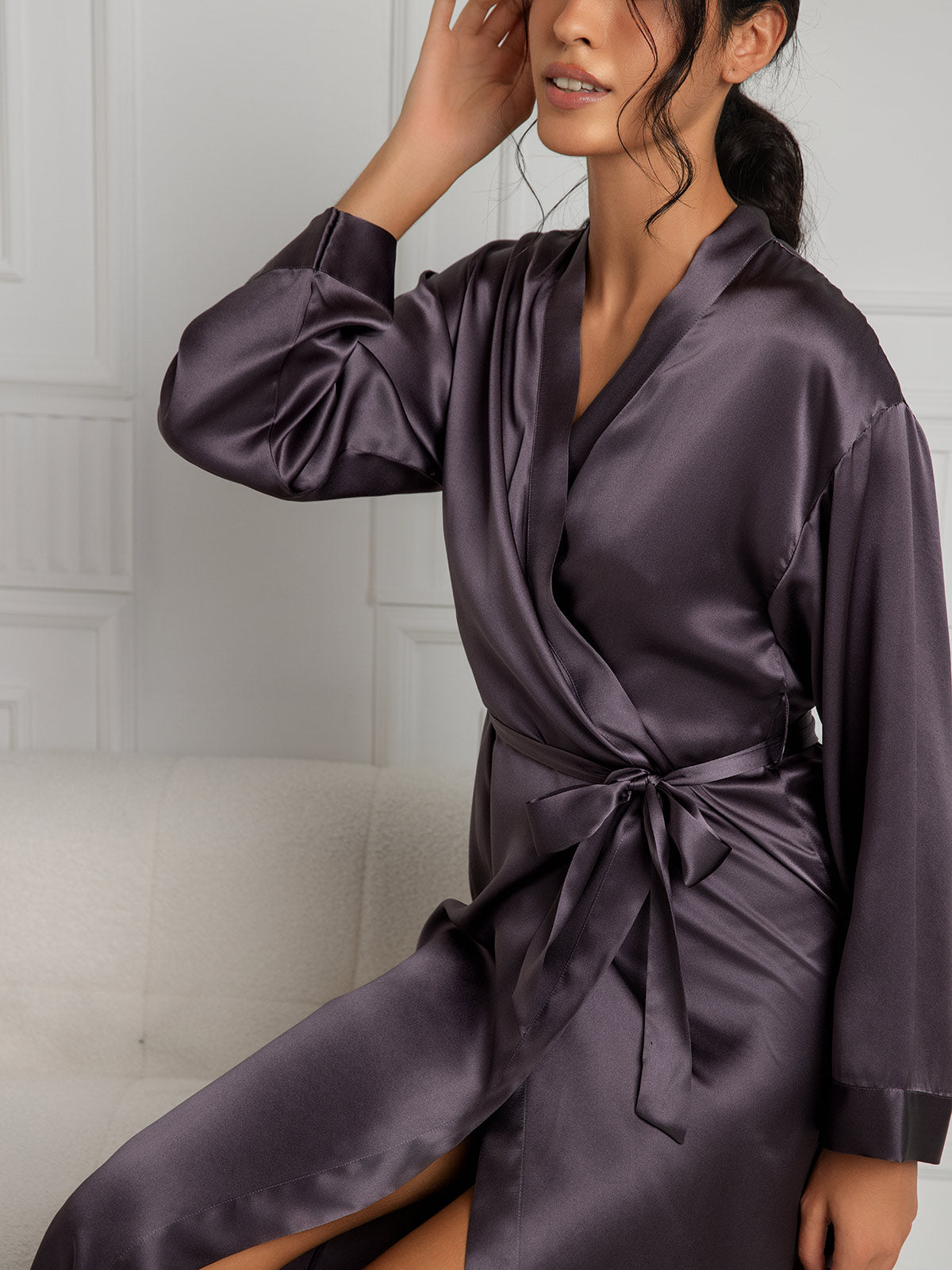 [Gris Pourpre] SilkSilky-FR Pure Soie Womens Robe 007