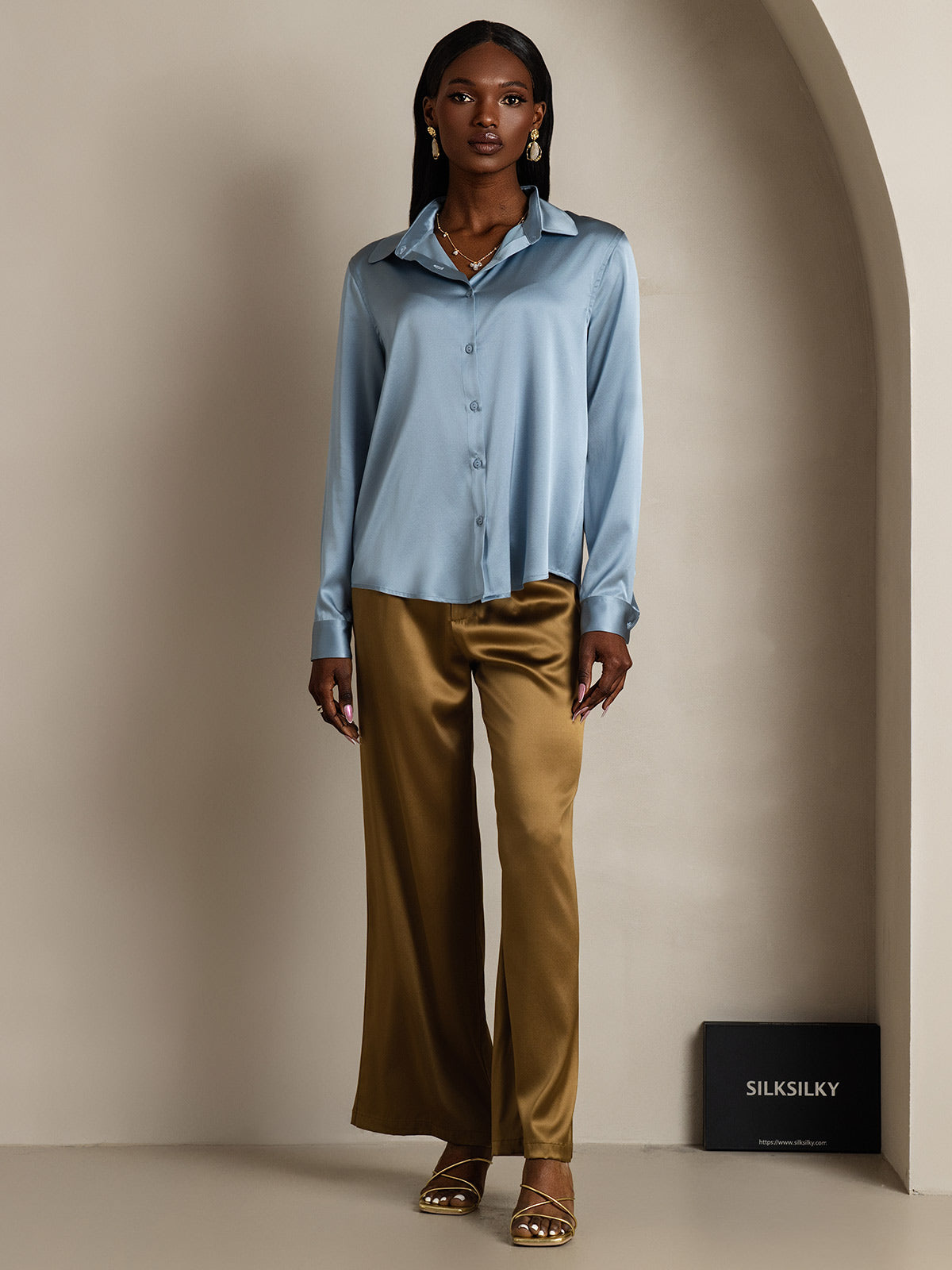 [Bleu Grisâtre] SilkSilky-FR Soie Col Chemise Femme Chemise 006