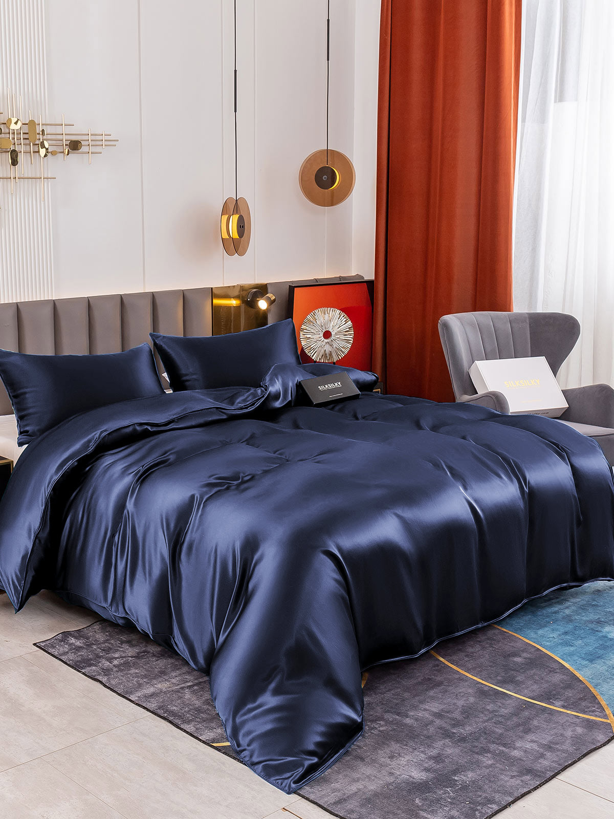 [Bleu Foncé] SilkSilky-FR 19Momme Pure Soie Bedding Set 001