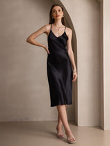 [Noir] SilkSilky-FR Pure Soie Sans manches Col en V Robes 001