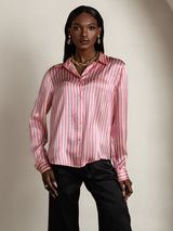 [Rayure Rose] SilkSilky-FR Long Sleeve Lapel Collar Femme Chemise 004