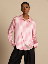 [Rayure Rose] SilkSilky-FR Long Sleeve Lapel Collar Femme Chemise 001