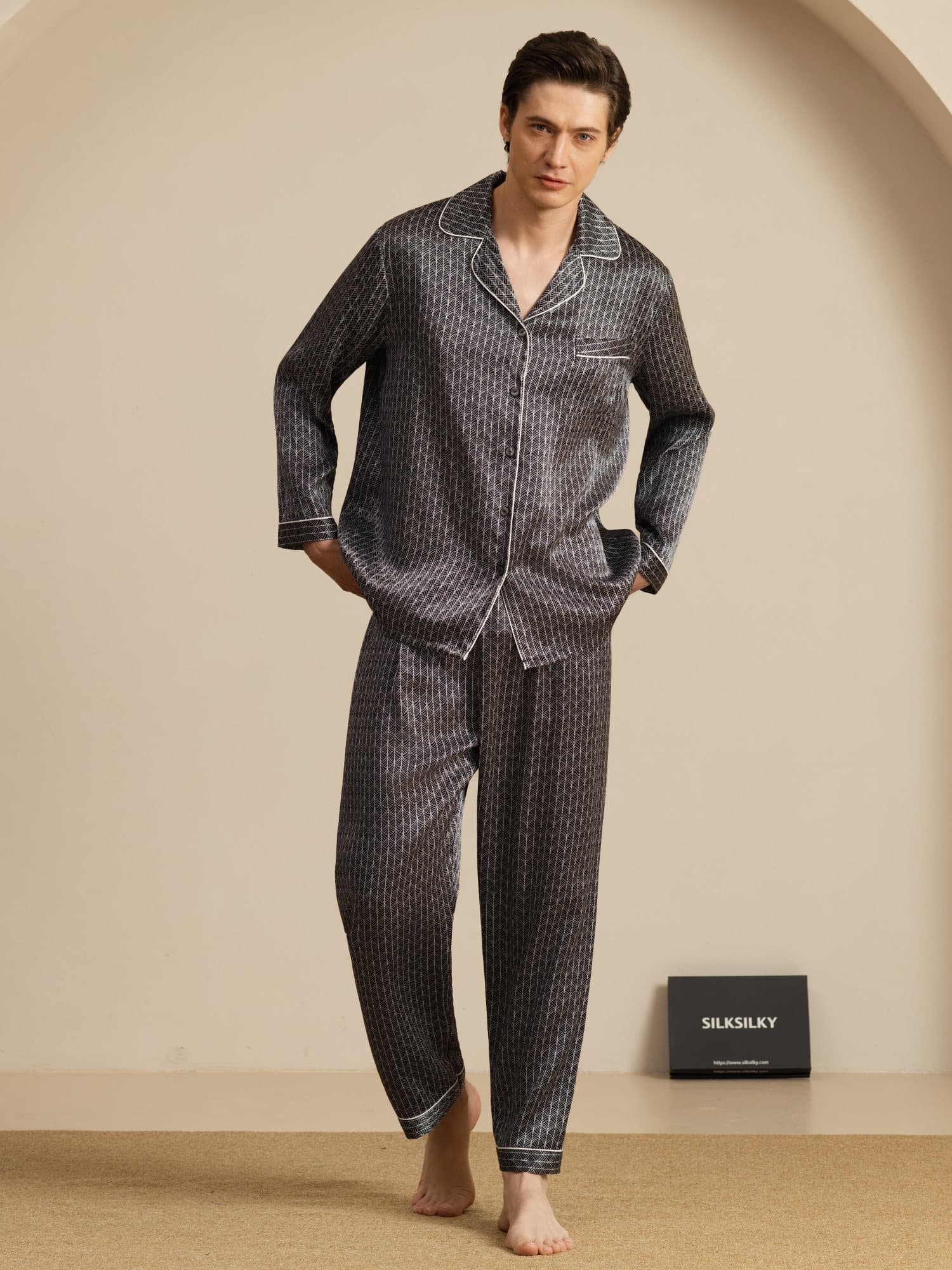 [Ginkgo Noir] SilkSilky-FR 19Momme Manches longues Homme Pyjamas 008