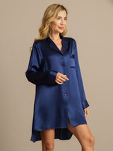 [Bleu Foncé] SilkSilky-FR Long Sleeve Lapel Collar Chemise pour dormir 008
