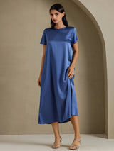 [Bleu Canard Véritable] SilkSilky-FR Short Sleeve Crew Neck Robes 007