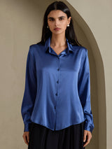 [Bleu Canard Véritable] SilkSilky-FR Long Sleeve Lapel Collar Femme Chemise 003