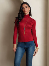 [Rouge Vineux] SilkSilky-FR Manches longues Col Roulé Femme T-Shirt 004