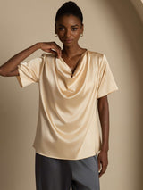 [Champagne] SilkSilky-FR Short Sleeve Cowl Neck Blouse 005