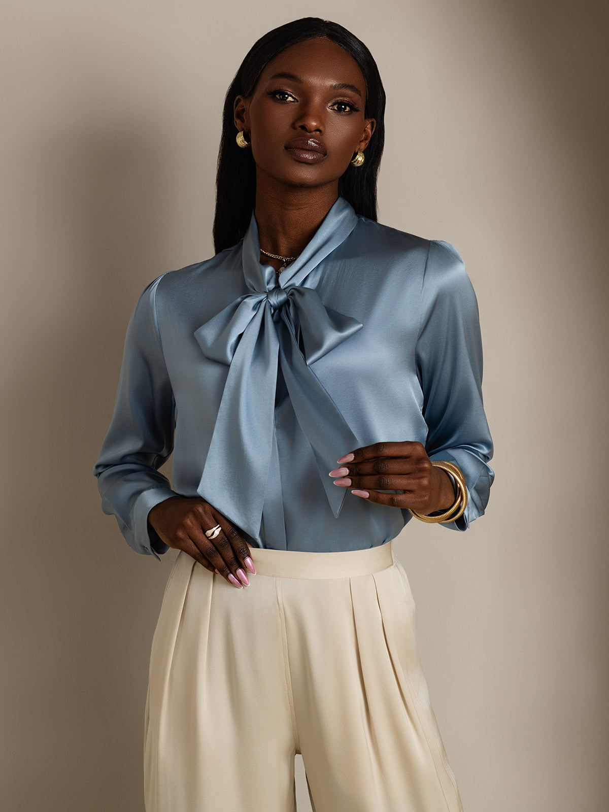 [Bleu Grisâtre] SilkSilky-FR 19Momme Manches longues À Nouer Blouse 003