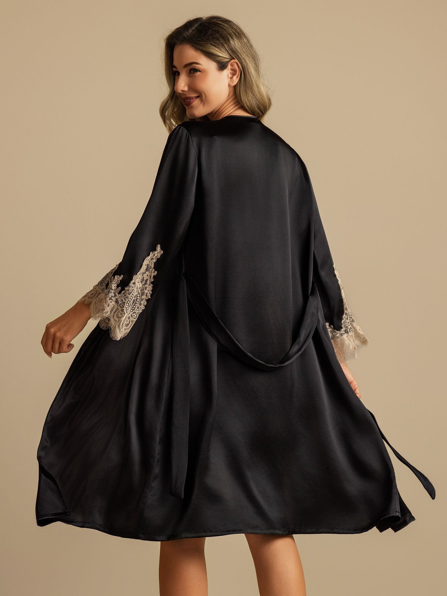 [Noir] SilkSilky-FR Trois-quart Col V Peignoir&Robe de Chambre 002