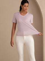 [Lavande] SilkSilky-FR Short Sleeve V Neck Femme T-Shirt 005