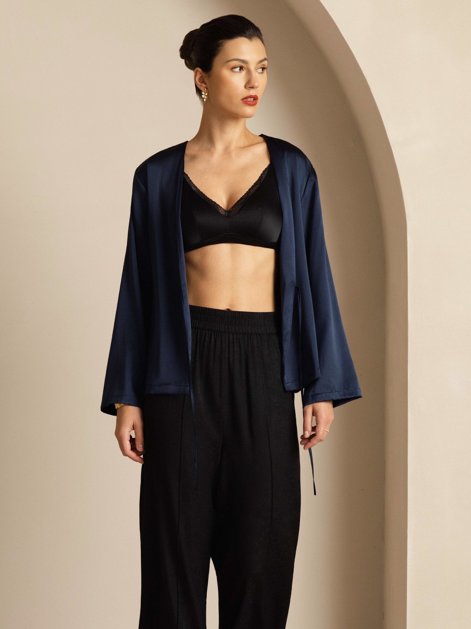 [Bleu Foncé] SilkSilky-FR 19Momme Manches longues Femme Manteaux 005