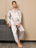 SilkSilky FR 19Momme Pure Soie Manches longues Revers Homme Pyjamas Gris 005