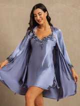 [Bleu Acier] SilkSilky-FR 3/4 Sleeve V Neck Peignoir&Robe de Chambre 001