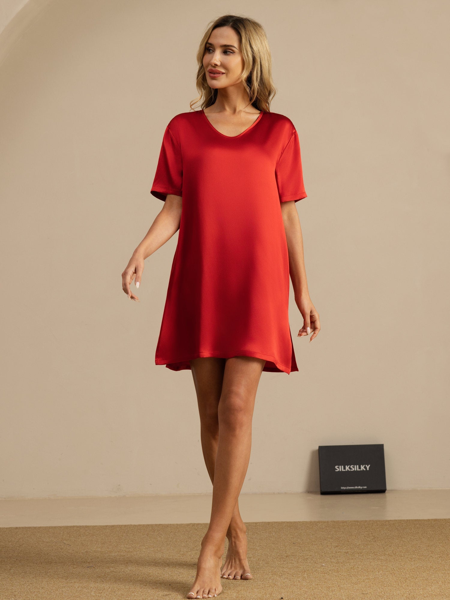 [Rouge Vineux] SilkSilky-FR Pure Silk Manches courtes Nightgown 006