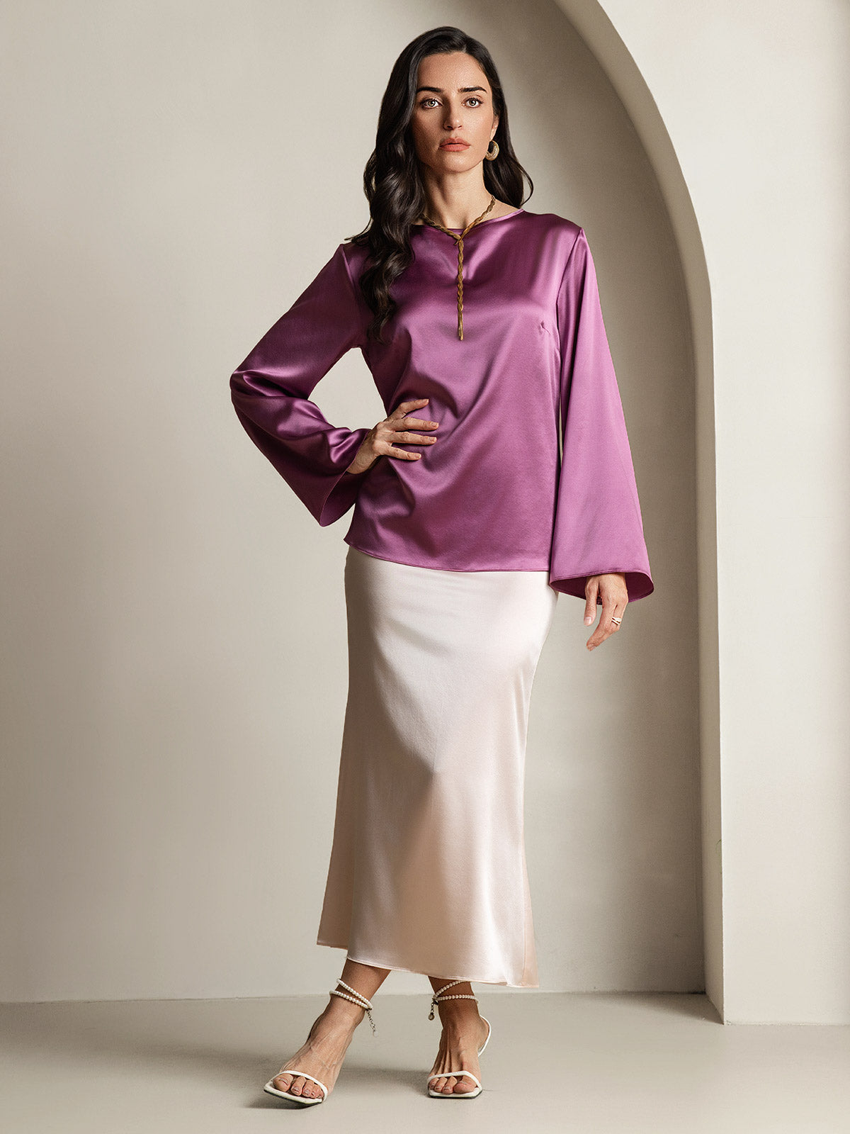 [Violet Foncé] SilkSilky-FR 19Momme Manches longues Col Bateau Blouse 006