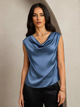[Bleu Canard Véritable] SilkSilky-FR Cap Sleeve Cowl Neck Femme T-Shirt 005