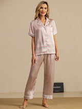 [Rose Cœur Geo] SilkSilky-FR Short Sleeve Lapel Collar Femme Pyjamas 007
