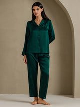 [Vert Foncé] SilkSilky-FR Long Sleeve Lapel Collar Femme Pyjamas 001