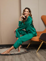 [Vert] SilkSilky-FR Long Sleeve Lapel Collar Femme Pyjamas 005