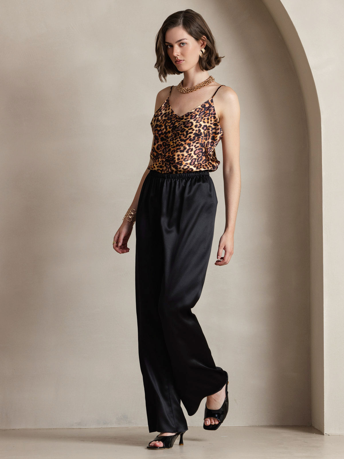 [Leopard] SilkSilky-FR Pure Soie Col en V Top À Fines Brides 004