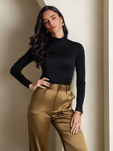 [Noir] SilkSilky-FR Manches longues Col Roulé Femme T-Shirt 001