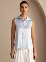 [Bleu Clair] SilkSilky-FR Sleeveless Lapel Collar Femme Chemise 001