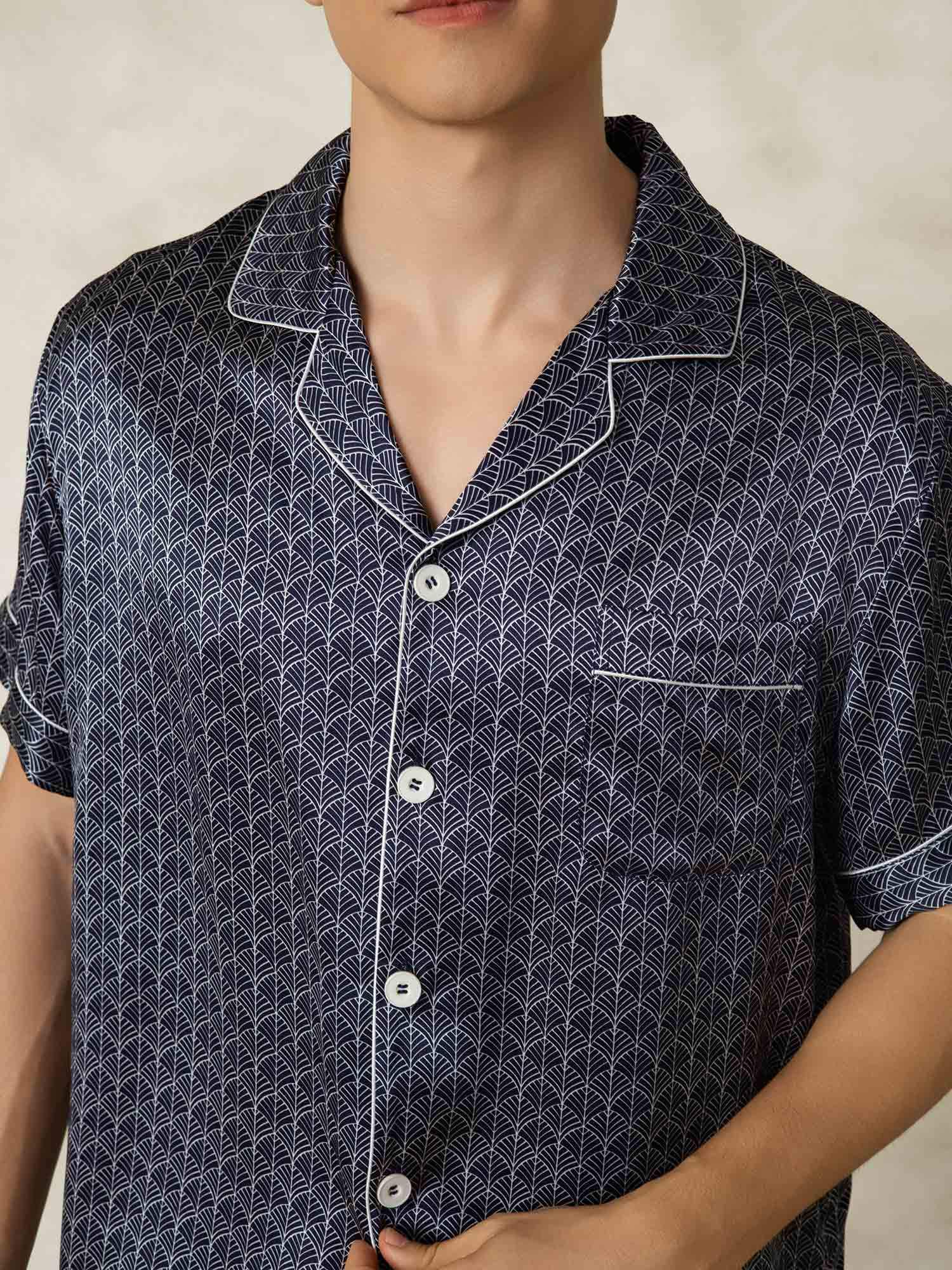[Ginkgo Marine] SilkSilky-FR Manches courtes Col Cranté Homme Pyjamas 007