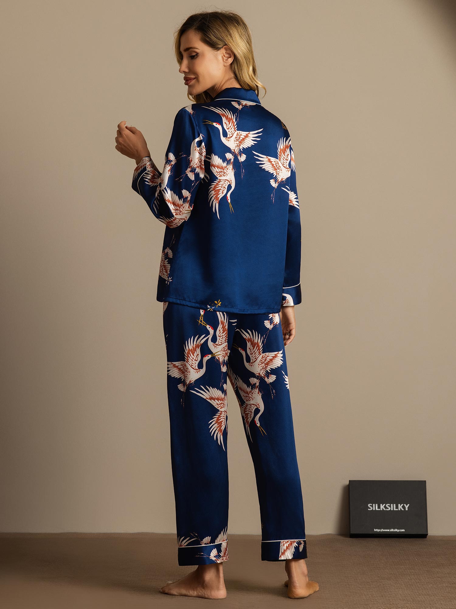 [Bleu Foncé] SilkSilky-FR 19Momme Pure Soie Womens Pajamas 002,