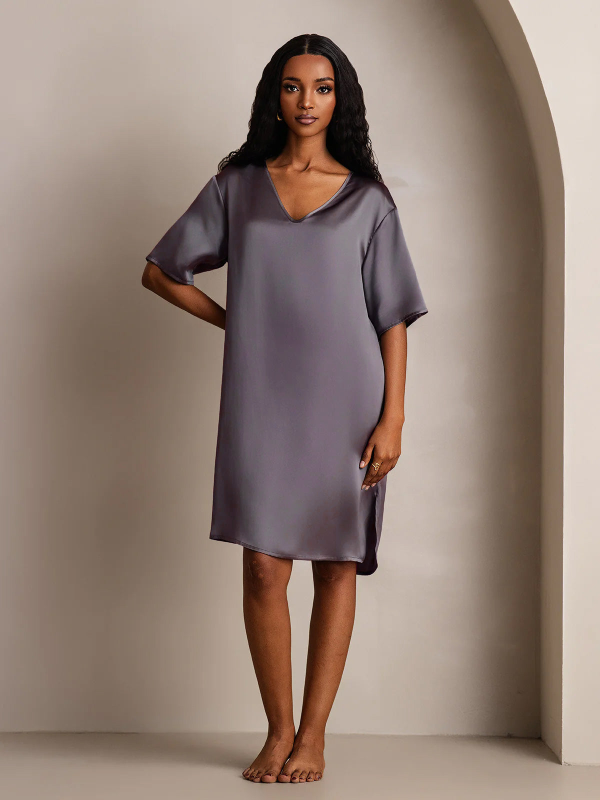 [Gris Pourpre] SilkSilky-FR Pure Soie Nightgown 008,