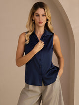 [Bleu Foncé] SilkSilky-FR Sleeveless Lapel Collar Femme Chemise 005