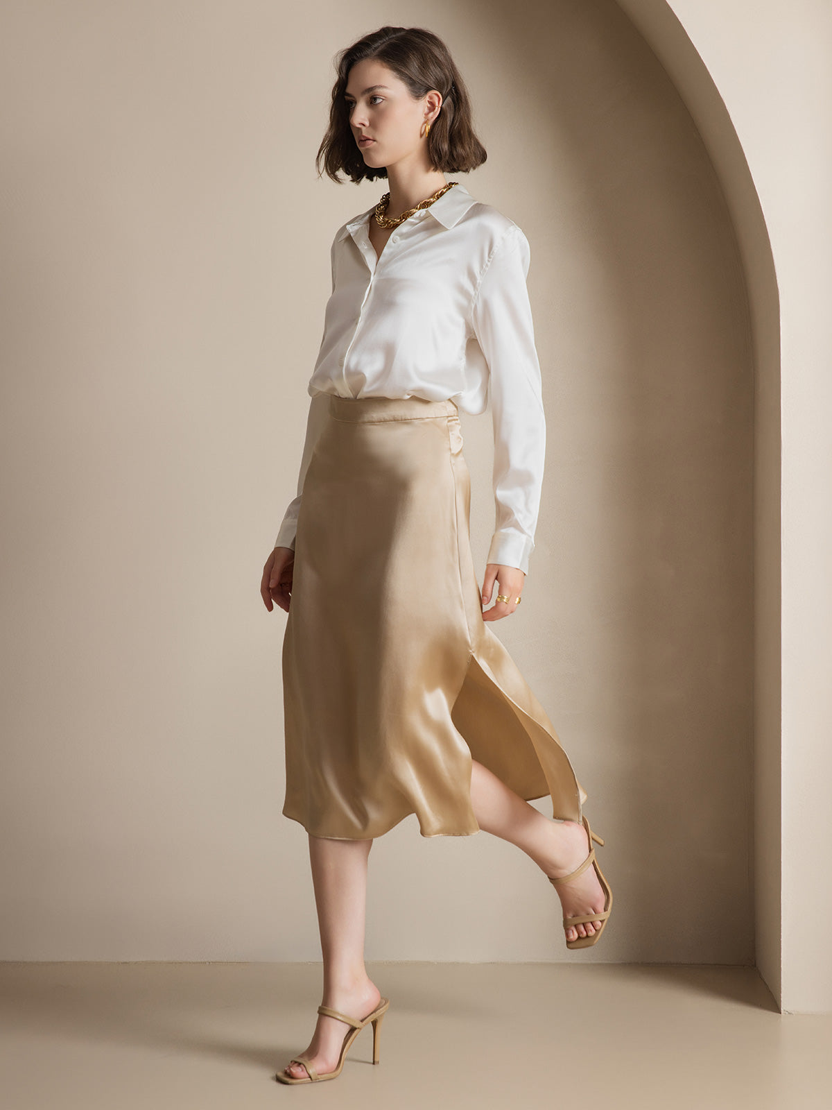 [Blanc] SilkSilky-FR 19Momme Manches longues Col à Revers Femme Chemise 006