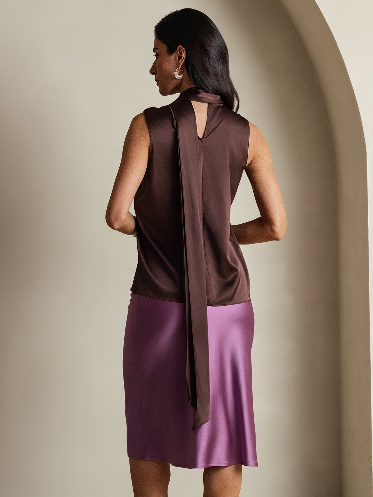 SilkSilky-FR 19Momme Soie Nœud à l'encolure Femme Chemise Café 002