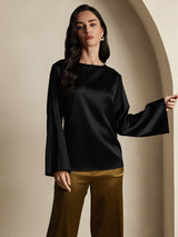 [Noir] SilkSilky-FR Long Sleeve Boat Neck Blouse 001