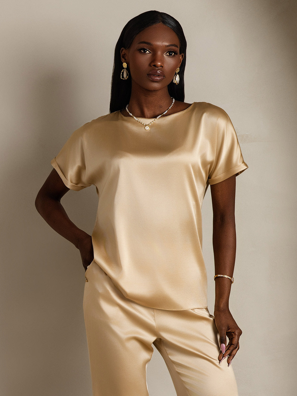 [Champagne] SilkSilky-FR 19Momme Soie Col Rond Femme T-Shirt 003,