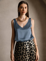 [Bleu Canard Véritable] SilkSilky-FR Sleeveless V Neck Top À Fines Brides 003