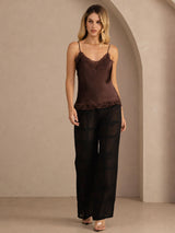 [Brun] SilkSilky-FR Spaghetti Strap V Neck Top À Fines Brides 006