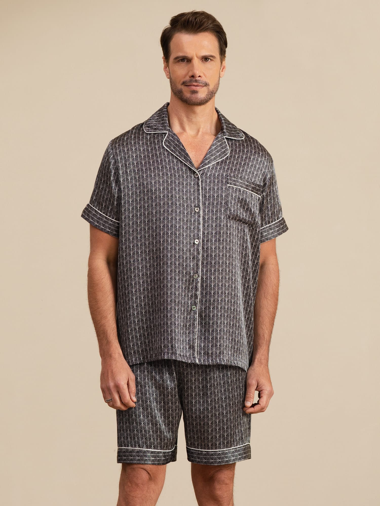 [Ginkgo Noir] SilkSilky-FR Manches courtes Col Cranté Homme Pyjamas 005