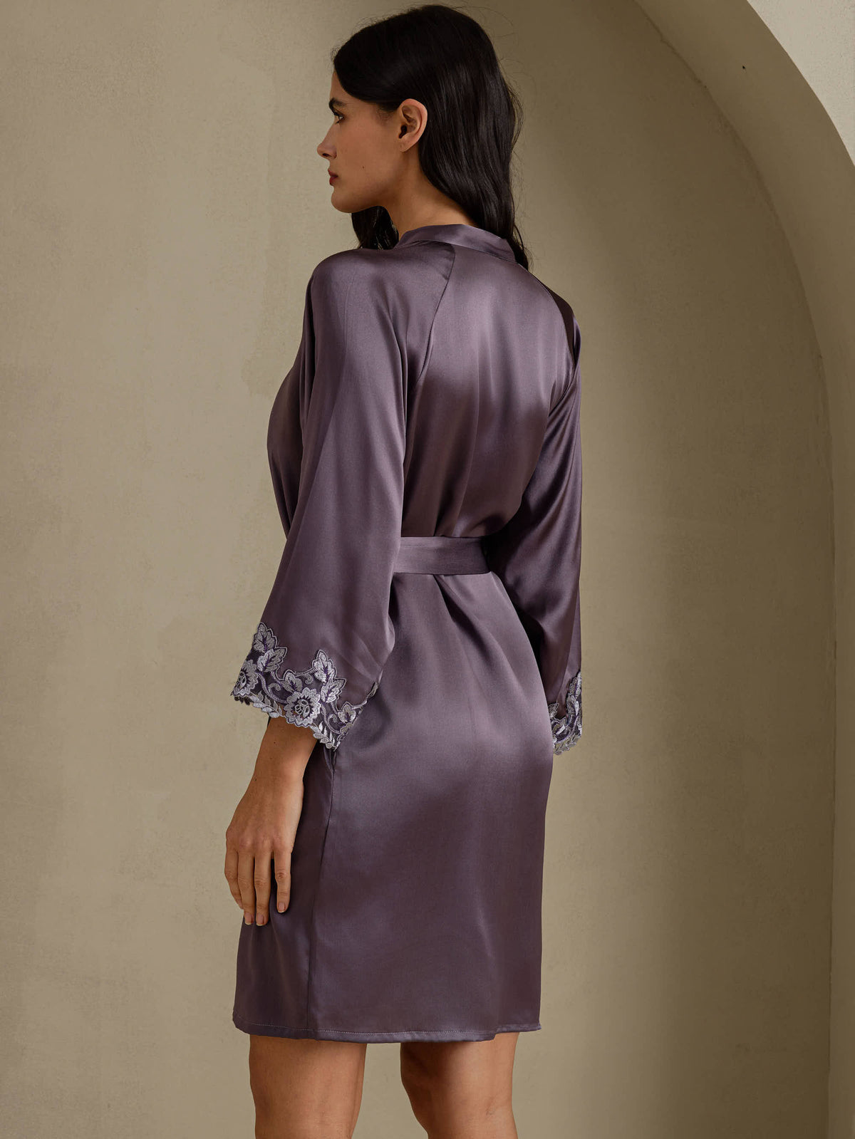 [Gris Pourpre] SilkSilky-FR 3/4 Sleeve Femme Peignoir 002