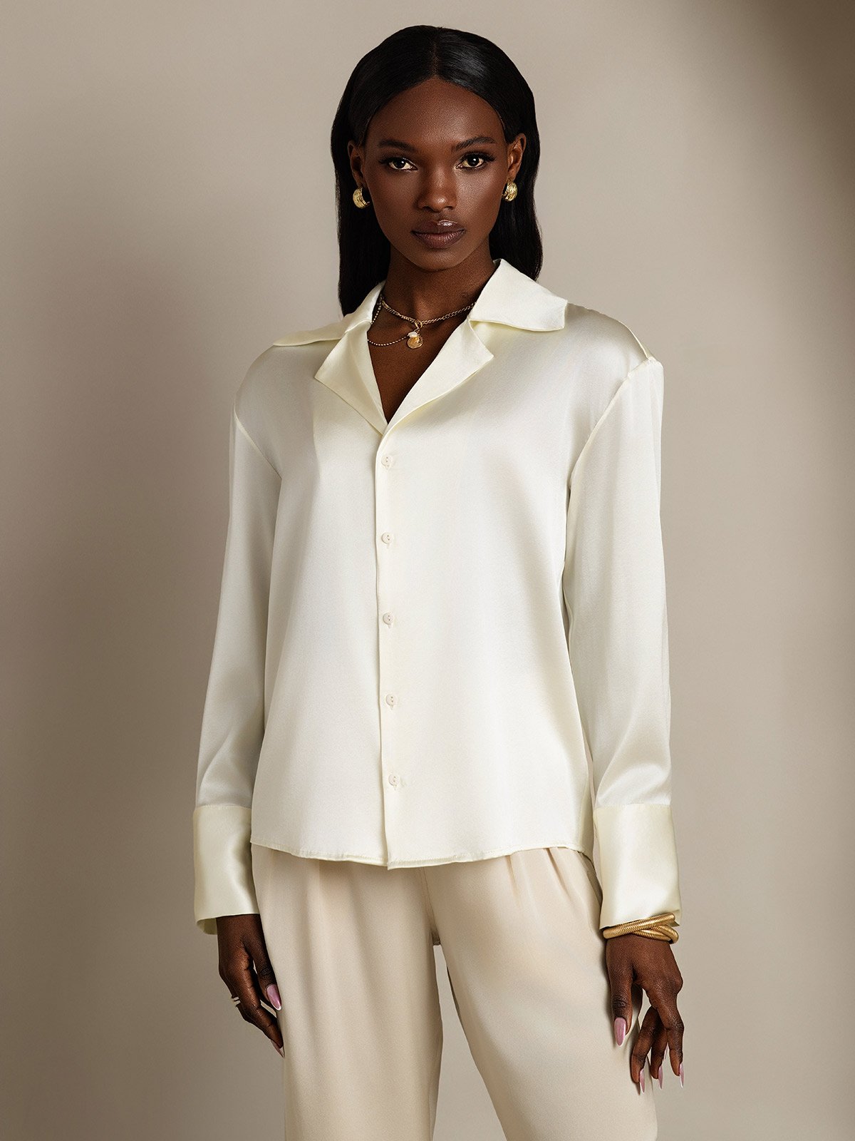 SilkSilky-FR 19Momme Soie Manches longues Revers Femme Chemise Ivory 003