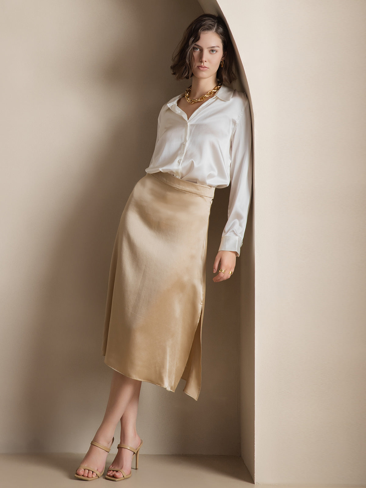 [Blanc] SilkSilky-FR 19Momme Manches longues Col à Revers Femme Chemise 005