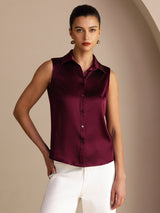 [Rouge Foncé] SilkSilky-FR Sleeveless Lapel Collar Femme Chemise 001