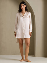 [Beige] SilkSilky-FR Long Sleeve Lapel Collar Chemise pour dormir 007