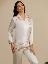 [Blanc] SilkSilky-FR 19Momme Manches longues Col Cranté Femme Pyjamas 003