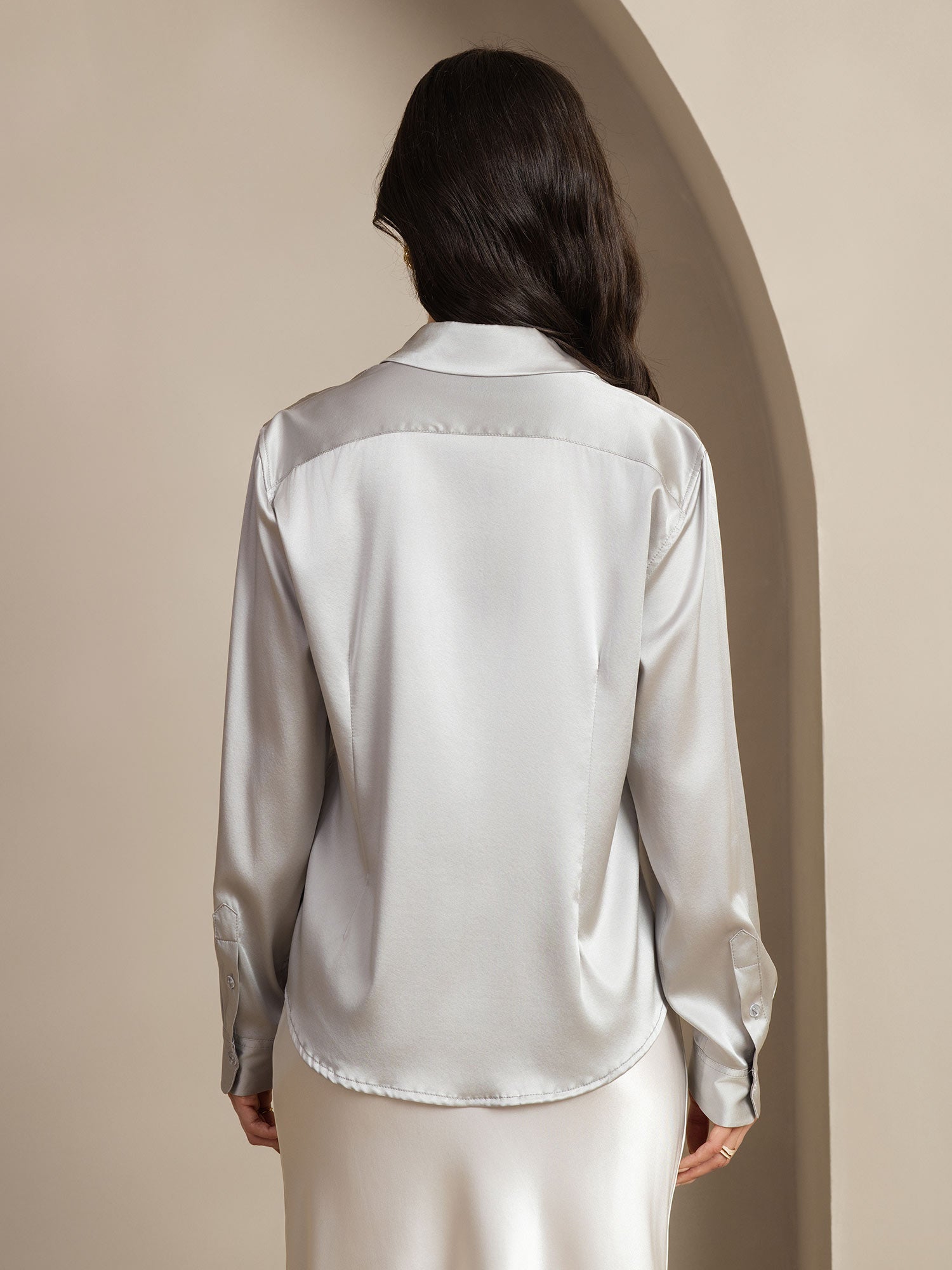 [Gris Clair] SilkSilky-FR 19Momme Manches longues Col à Revers Femme Chemise 003