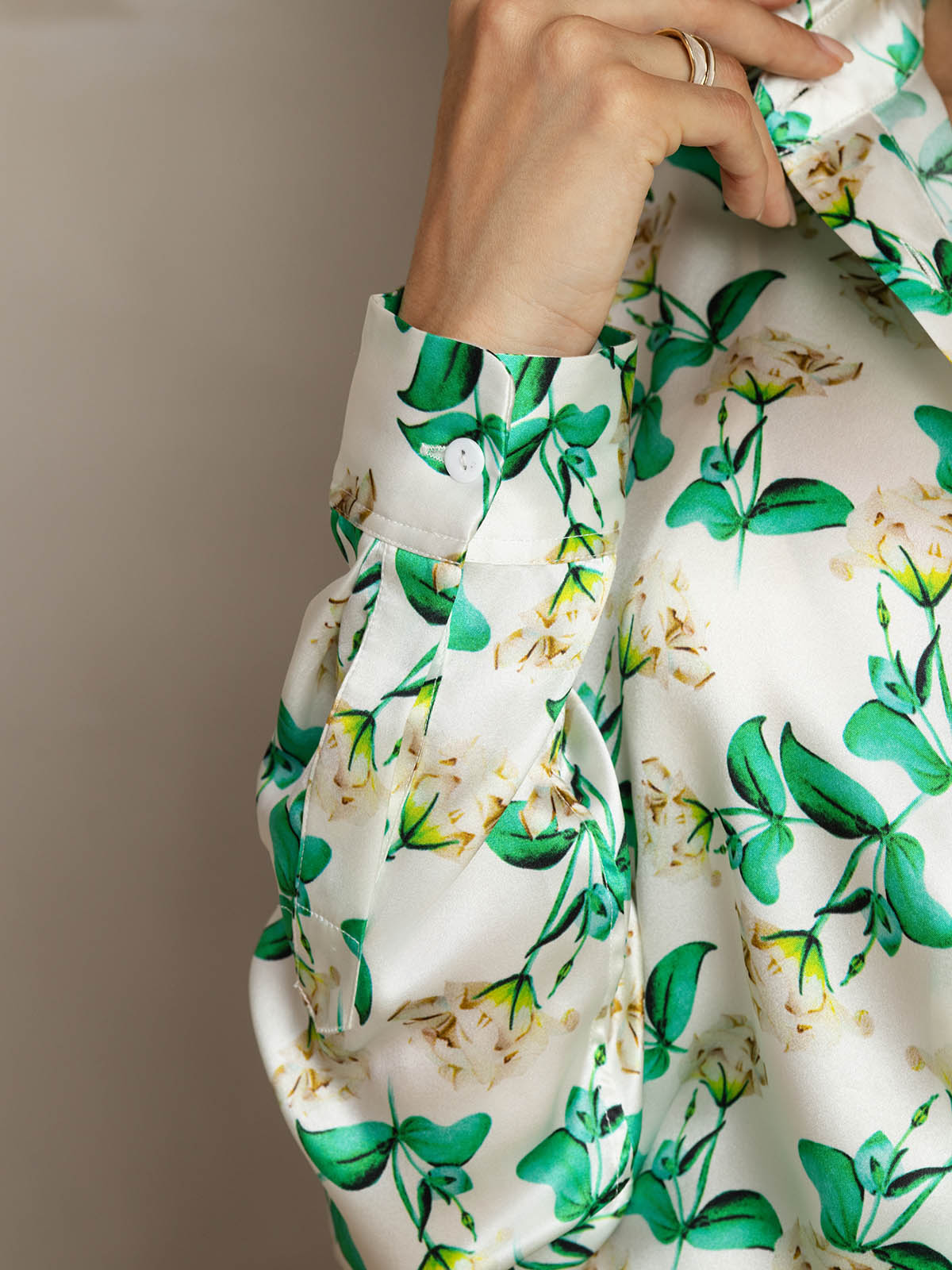 [Floral Vert] SilkSilky-FR Soie Manches longues Col Chemise Femme Chemise 003