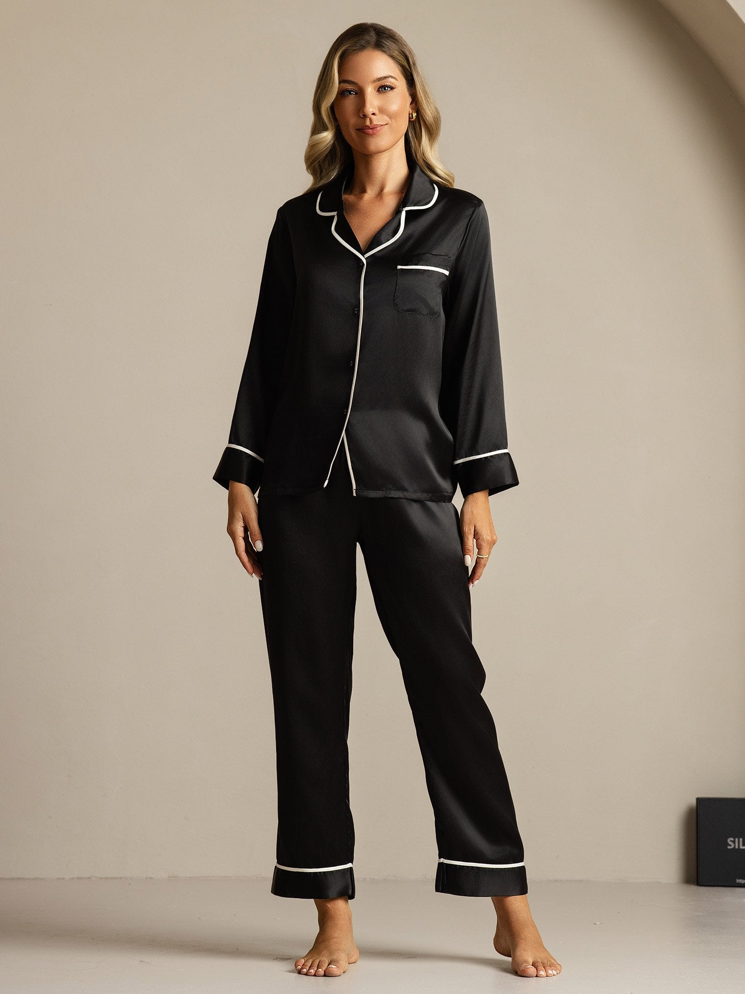 [Noir] SilkSilky-FR Soie Col Chemise Femme Pyjamas 003
